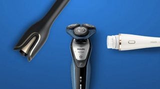 „Dispozitive de îngrijire Philips: aparat de ras electric, aparat de tuns barba și perie pentru curățarea feței. Produse pentru îngrijirea personală a bărbaților.”