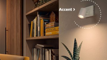 Spoturi LED Philips montate pe perete care accentuează obiectele de decor